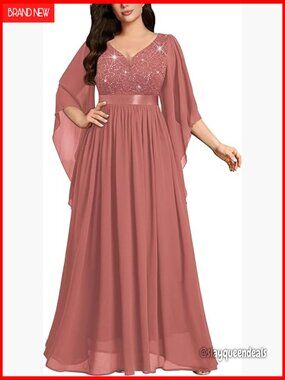 Plus Size Sequined Lace Cape Sleeve V-Neck Maxi Evening Dress Gown